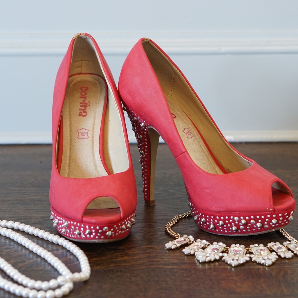 Red Studded Platform Heels